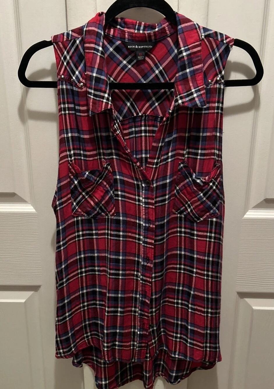 Rock and Republic Red White & Blue Plaid Sleeveless Top